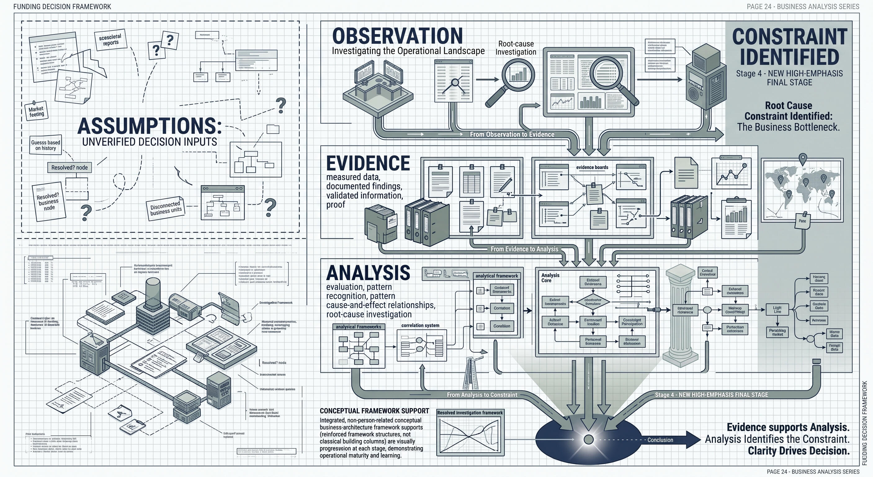 Blueprint-style business investigation diagram showing a structured diagnostic process moving from assumptions and observations through evidence gathering and analysis to identify operational constraints, bottlenecks, and root causes.