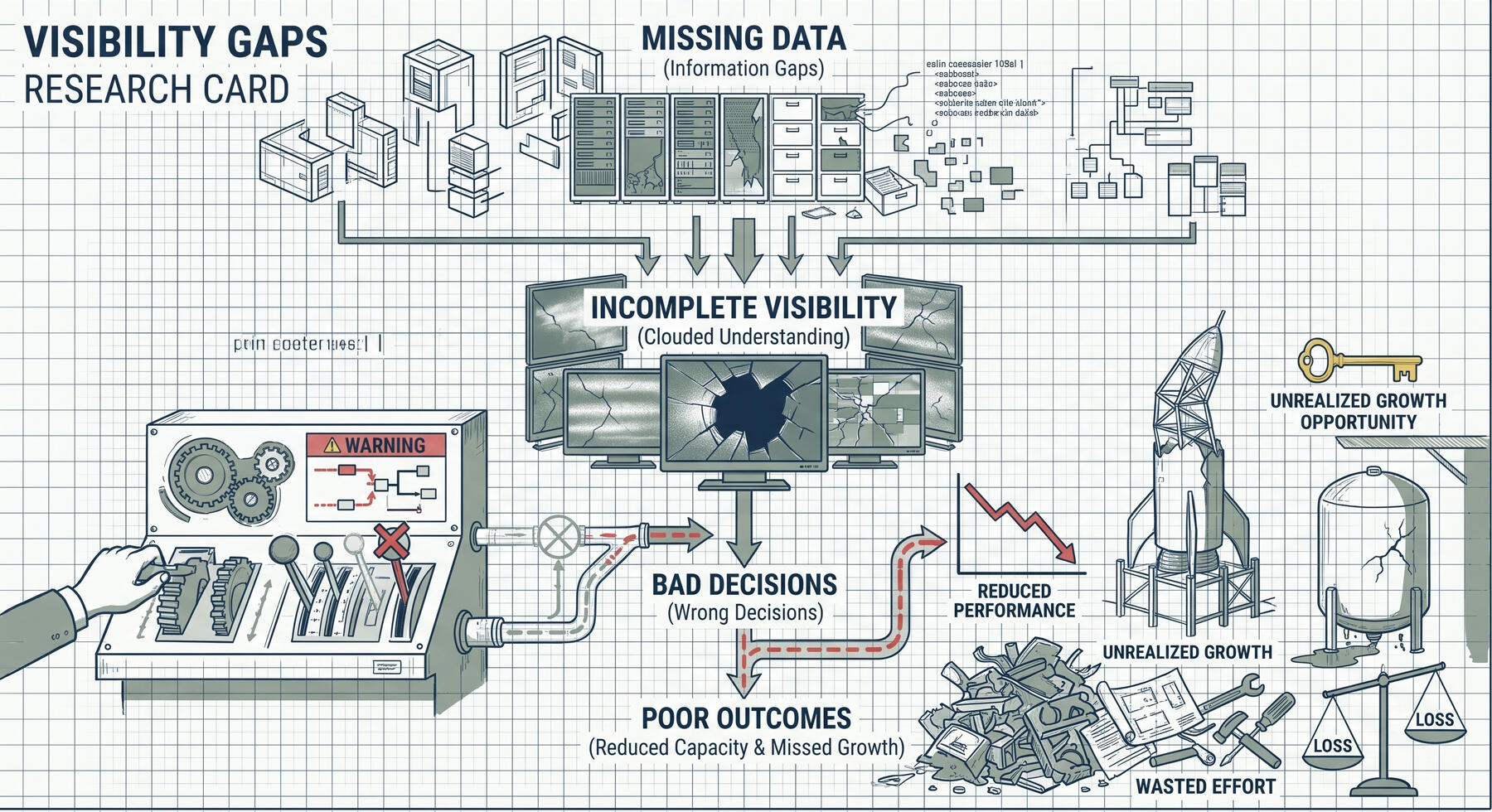 Blueprint-style business investigation card showing how missing information creates incomplete visibility, leads to incorrect decisions, and ultimately results in reduced performance, unrealized growth, wasted effort, and business losses.