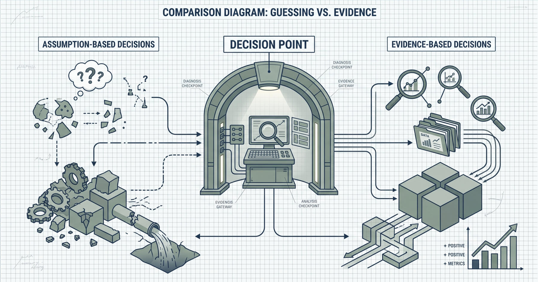 Blueprint-style comparison diagram showing assumption-based decisions leading to wasted effort and wasted capital, contrasted with evidence-based decisions that pass through diagnosis and produce clarity, targeted action, and measurable progress.