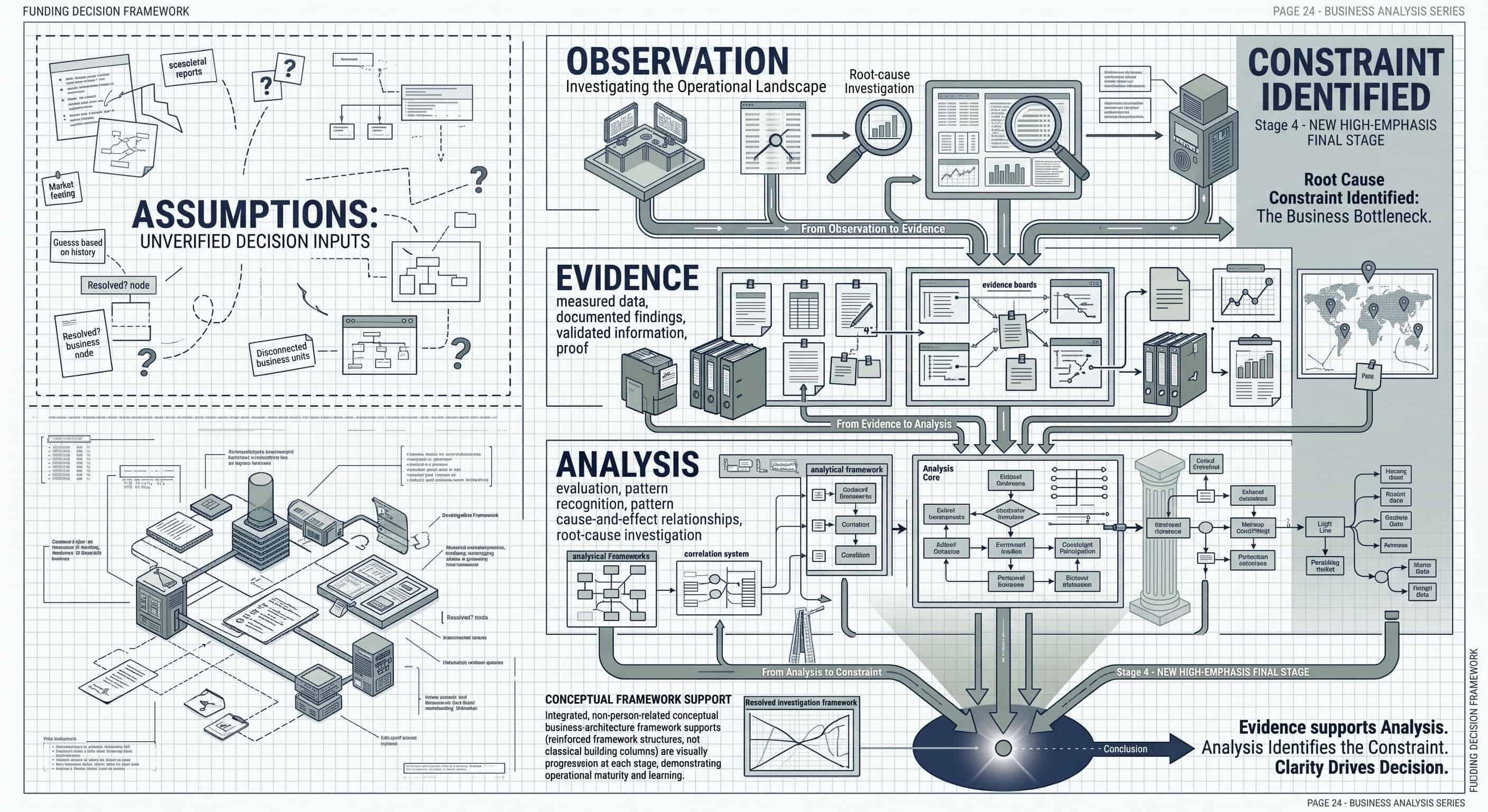 Blueprint-style business investigation diagram showing a structured diagnostic process moving from assumptions and observations through evidence gathering and analysis to identify operational constraints, bottlenecks, and root causes.