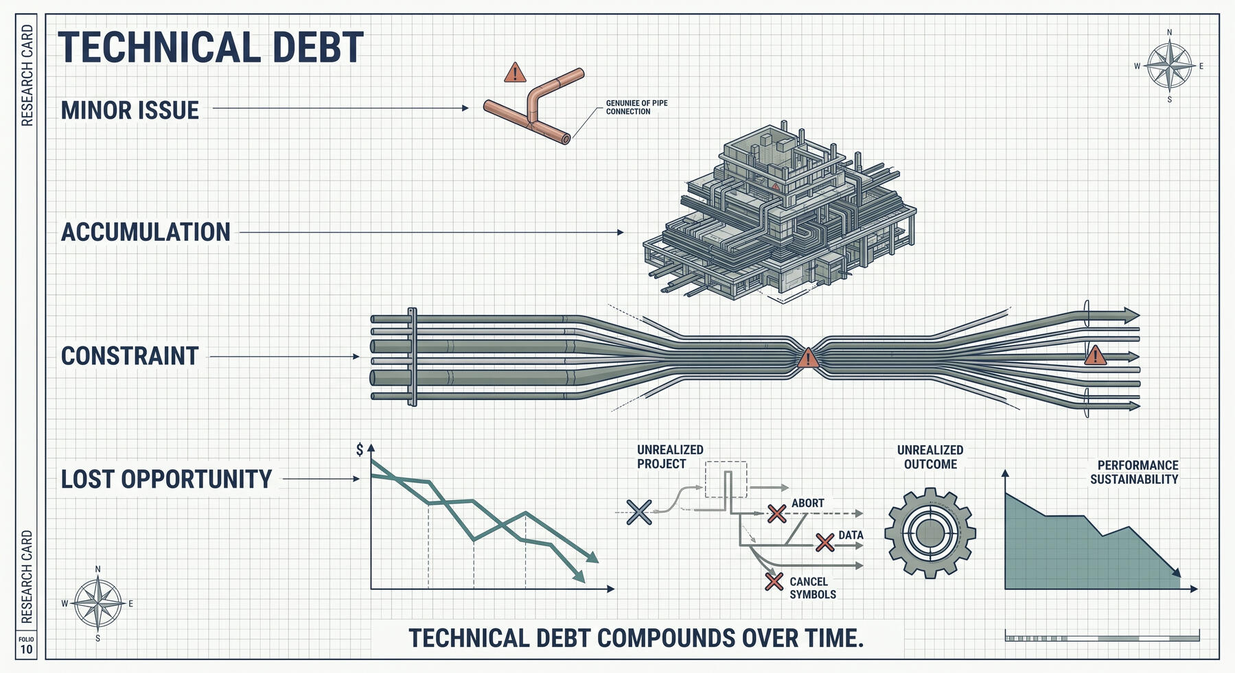 Blueprint-style business investigation card showing how a small overlooked technical issue grows into accumulated complexity, creates an operational bottleneck, and ultimately reduces performance, capacity, and business opportunities.