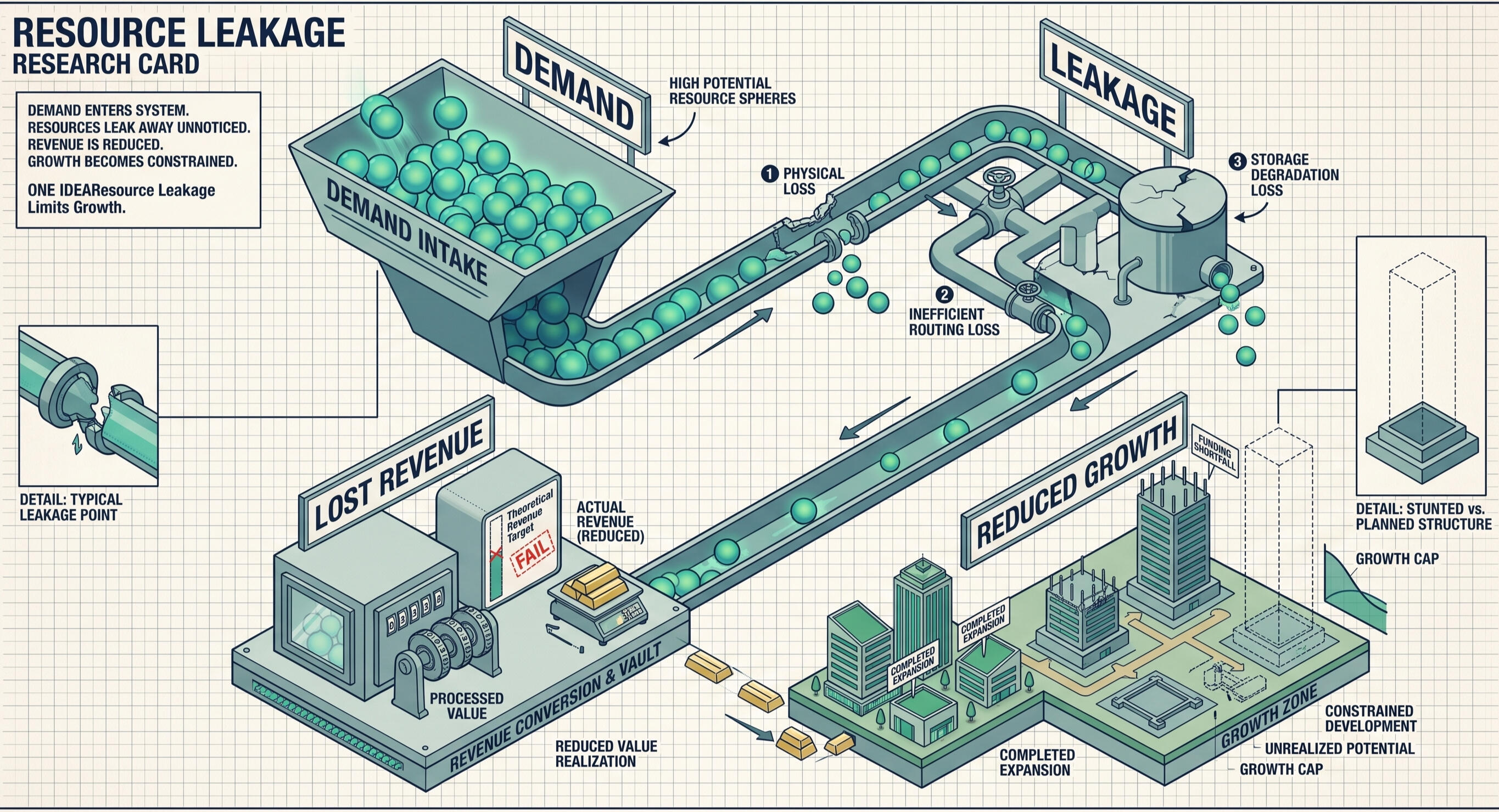 Blueprint-style business investigation card showing business demand entering a system, resources leaking through multiple loss points, reduced value being converted into revenue, and constrained growth resulting from unrealized business potential.