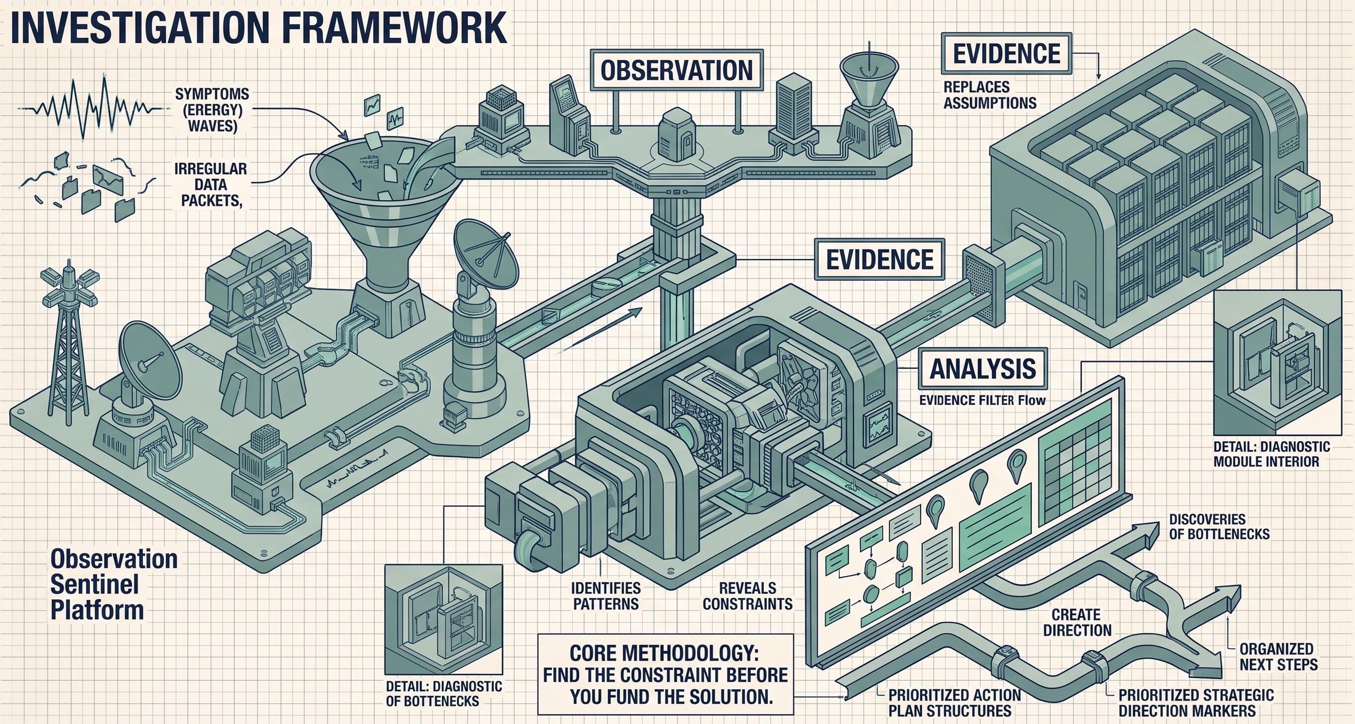 Blueprint-style business investigation framework showing a structured methodology moving from observation and evidence gathering through analysis, findings, and recommendations to identify business constraints and create clear strategic direction.