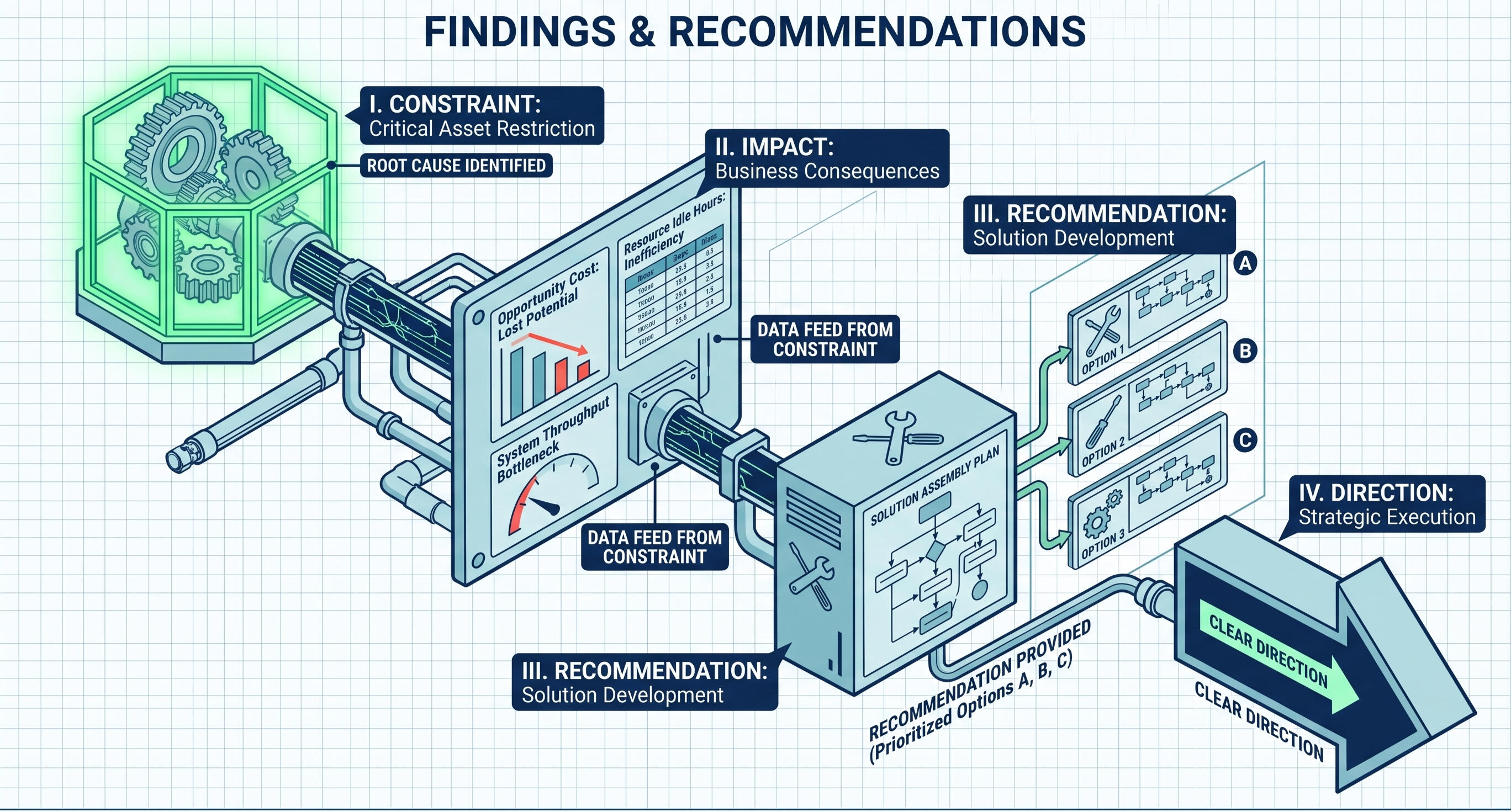 Blueprint-style business investigation diagram showing an identified business constraint being evaluated for operational impact, translated into prioritized recommendations, and converted into clear strategic direction and next steps.