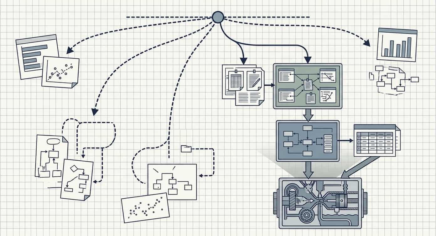 Blueprint-style business investigation diagram showing an identified business constraint being evaluated for operational impact, translated into prioritized recommendations, and converted into clear strategic direction and next steps.
